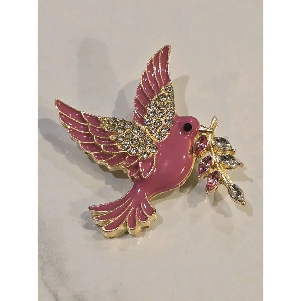 Pink Enamel Bird Brooch Rhinestone Flower Branch Gold Tone Dove Songbird Pin